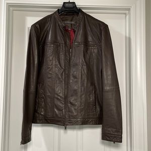 NEW John Varvatos Chocolate Brown Leather Band Collar Moto Jacket - L